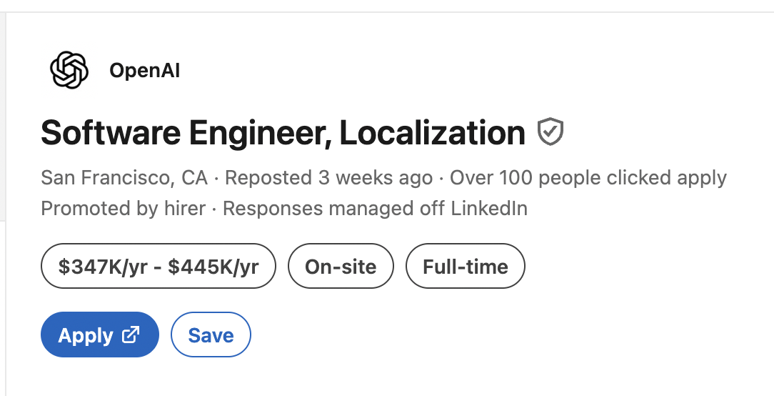 OpenAI job listing for Software Engineer, Localization, an on-site, full-time role in San Francisco.